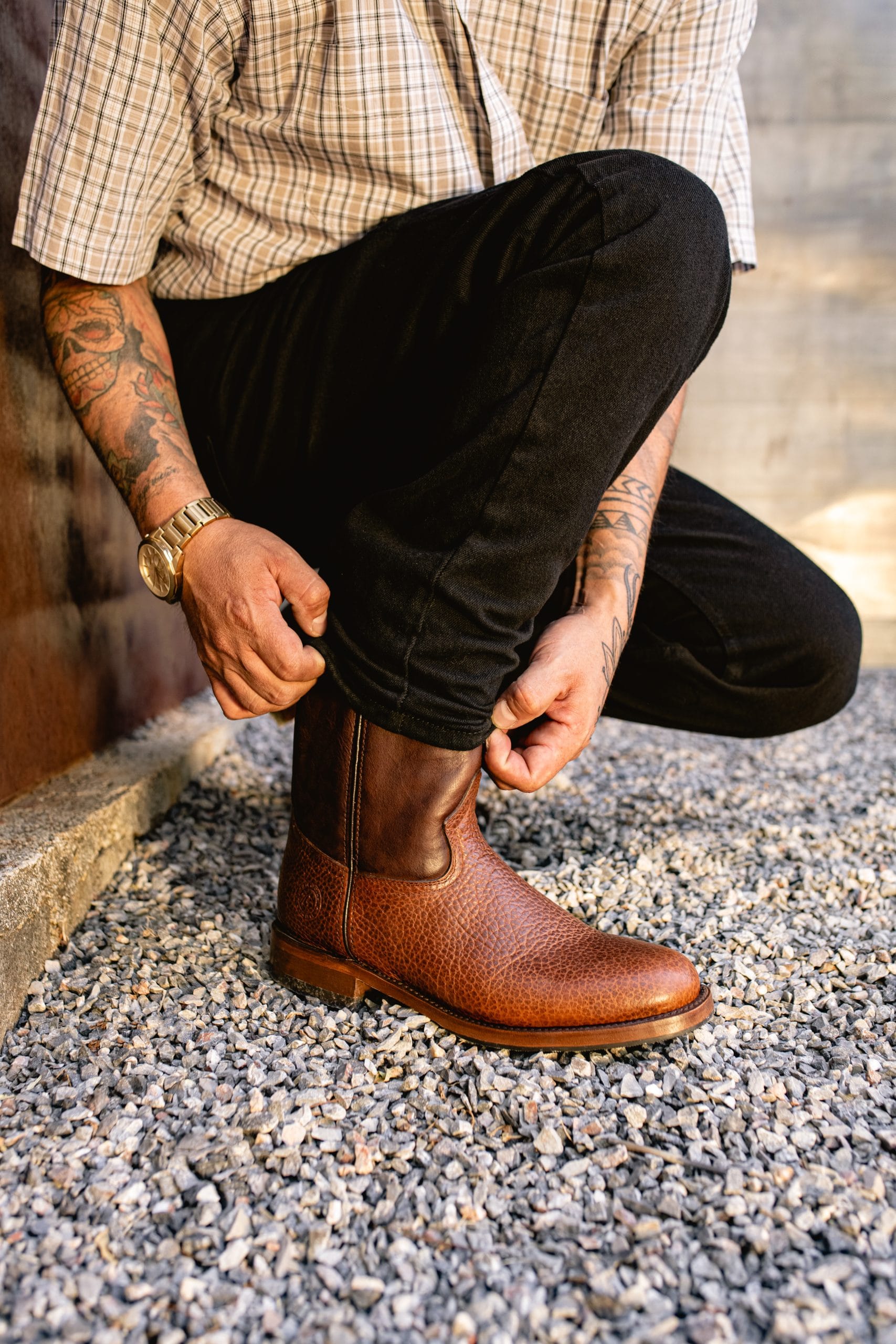 Men's American Bison Roper Boot with Hybrid Sole Dark Brown color Style 1000