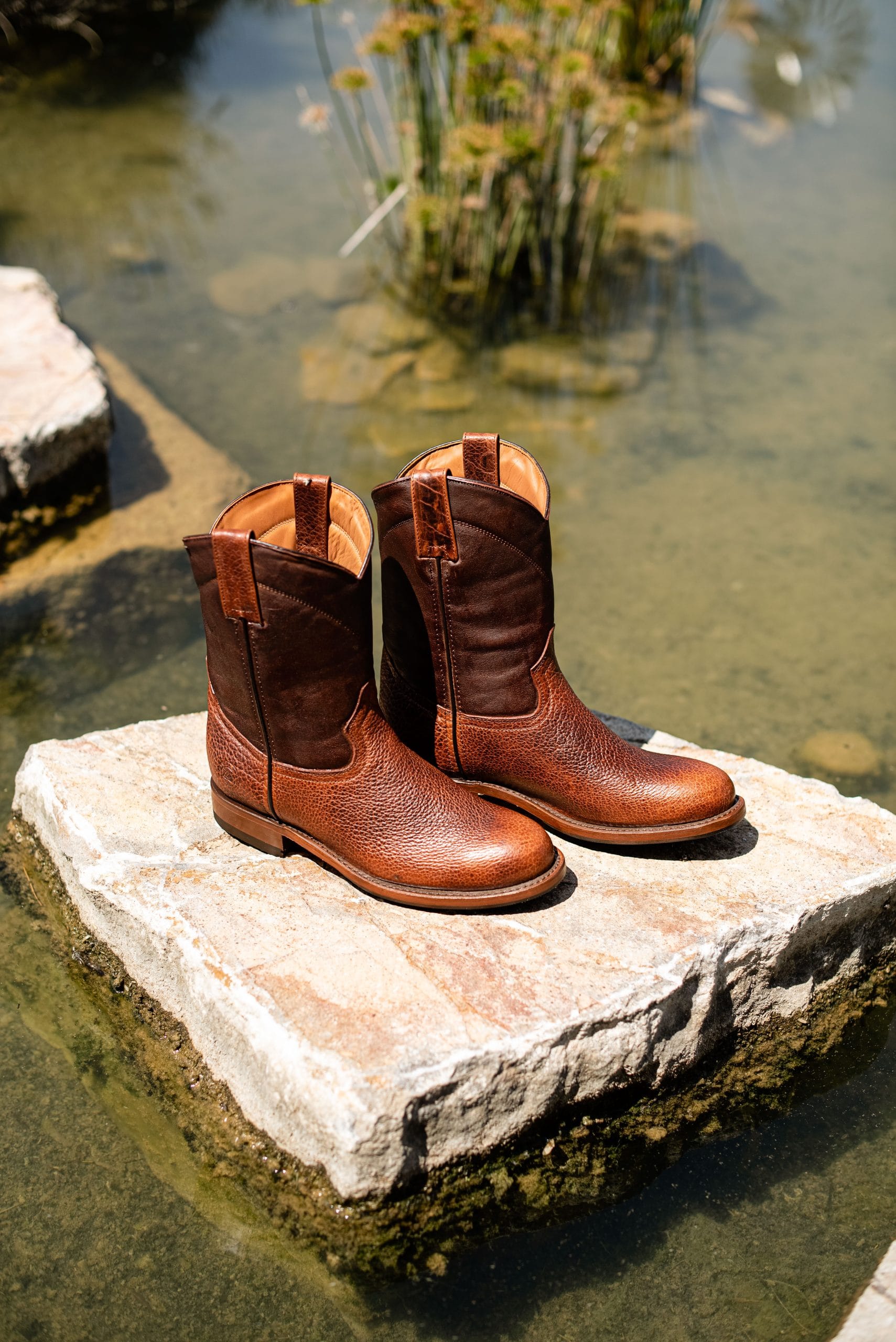 Men's American Bison Roper Boot with Hybrid Sole Dark Brown color Style 1000