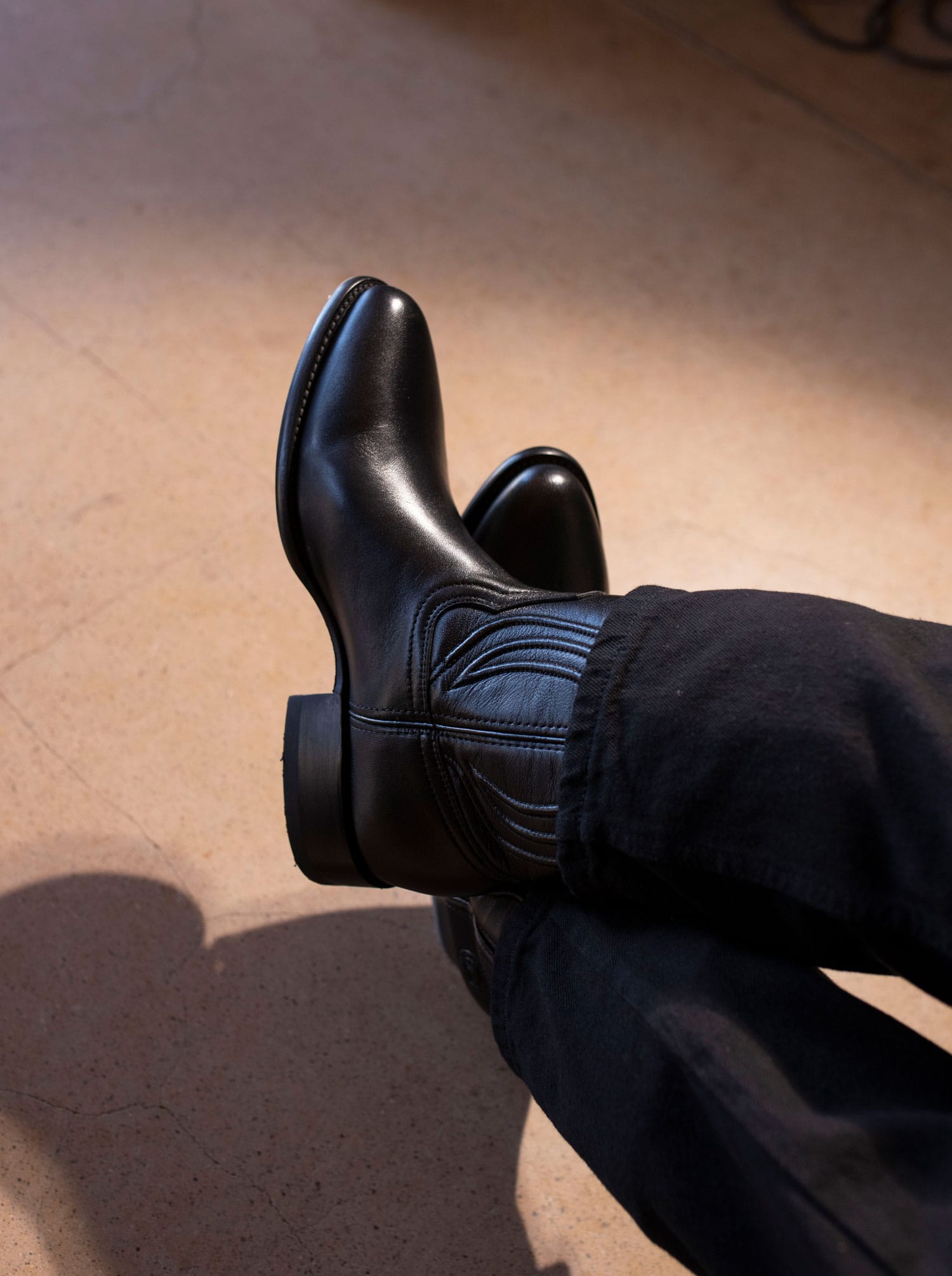 Men's Sheep Leather Roper Boot Leather Sole Black Style 1005