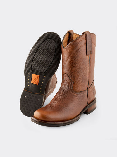 Men's Leather Slip-Resistant Semi-Square Toe Roper Boot Ocher Bull Fight Color Style 1000