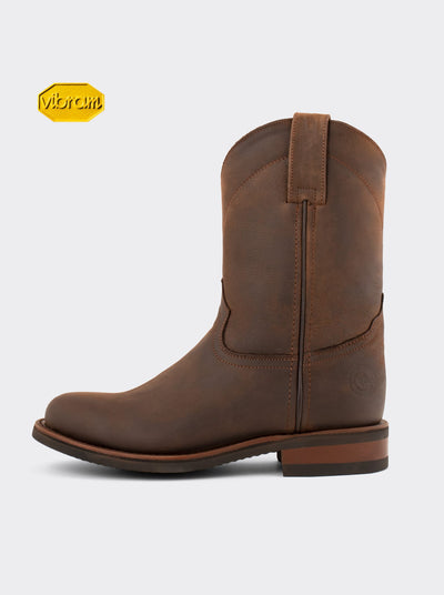 Men's Leather Roper Boot with Oil-Resistant Vibram Sole Brown Crazy Style 1000
