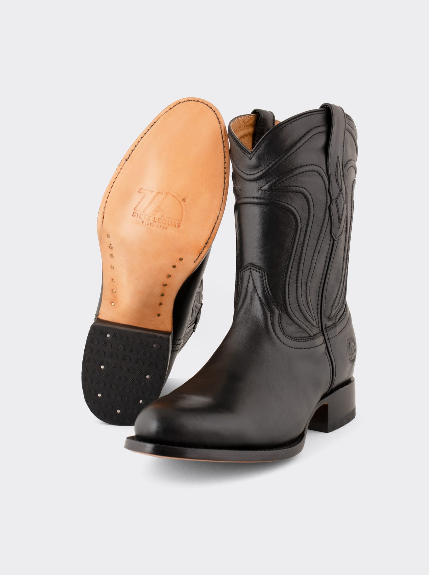 Men's Sheep Leather Roper Boot Leather Sole Black Style 1005