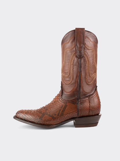 Bota Vaquera con Suela de Cuero en Piel Genuina de Pitón Caramel Estilo 1055