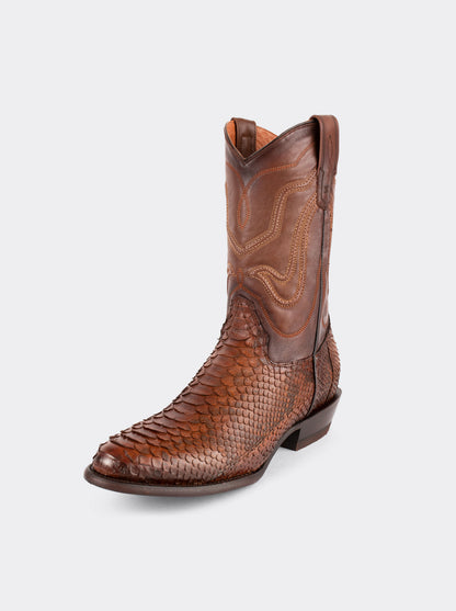 Bota Vaquera con Suela de Cuero en Piel Genuina de Pitón Caramel Estilo 1055