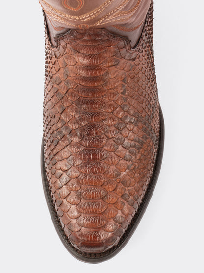 Bota Vaquera con Suela de Cuero en Piel Genuina de Pitón Caramel Estilo 1055