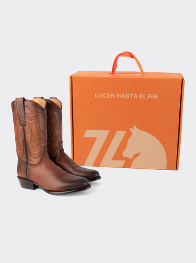 Cowboy Boot with Leather Sole in Genuine Caramel Python Leather, Style 1055