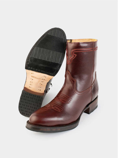 Men's Leather Cowboy Boot with Zipper and Double Life Sole Mahogany Challenger Style 11400