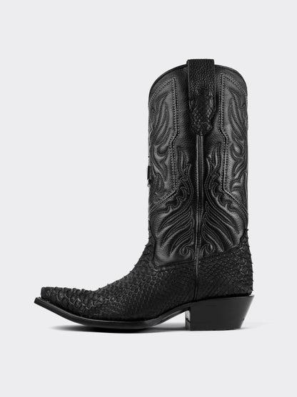 Bota Vaquera con Suela de Cuero en Piel Genuina de Piton Nobuck Negro estilo 1751