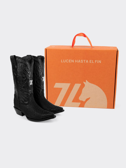 Bota Vaquera con Suela de Cuero en Piel Genuina de Piton Nobuck Negro estilo 1751