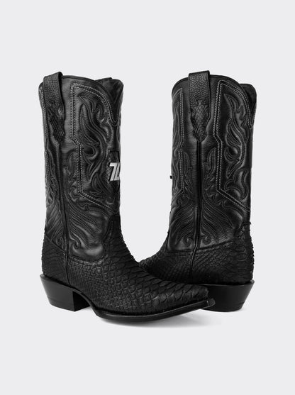 Bota Vaquera con Suela de Cuero en Piel Genuina de Piton Nobuck Negro estilo 1751